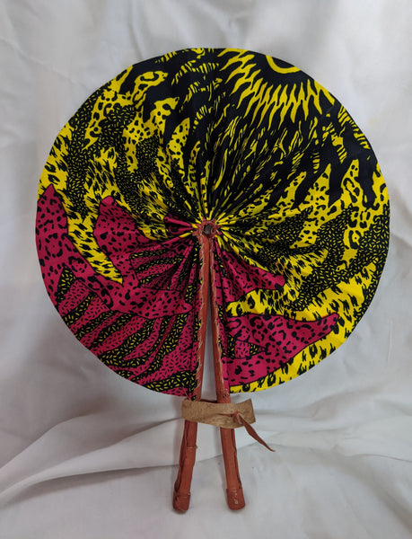 Colorful Ankara Fabric foldable hand fan with leather handles 2 yellow pink black