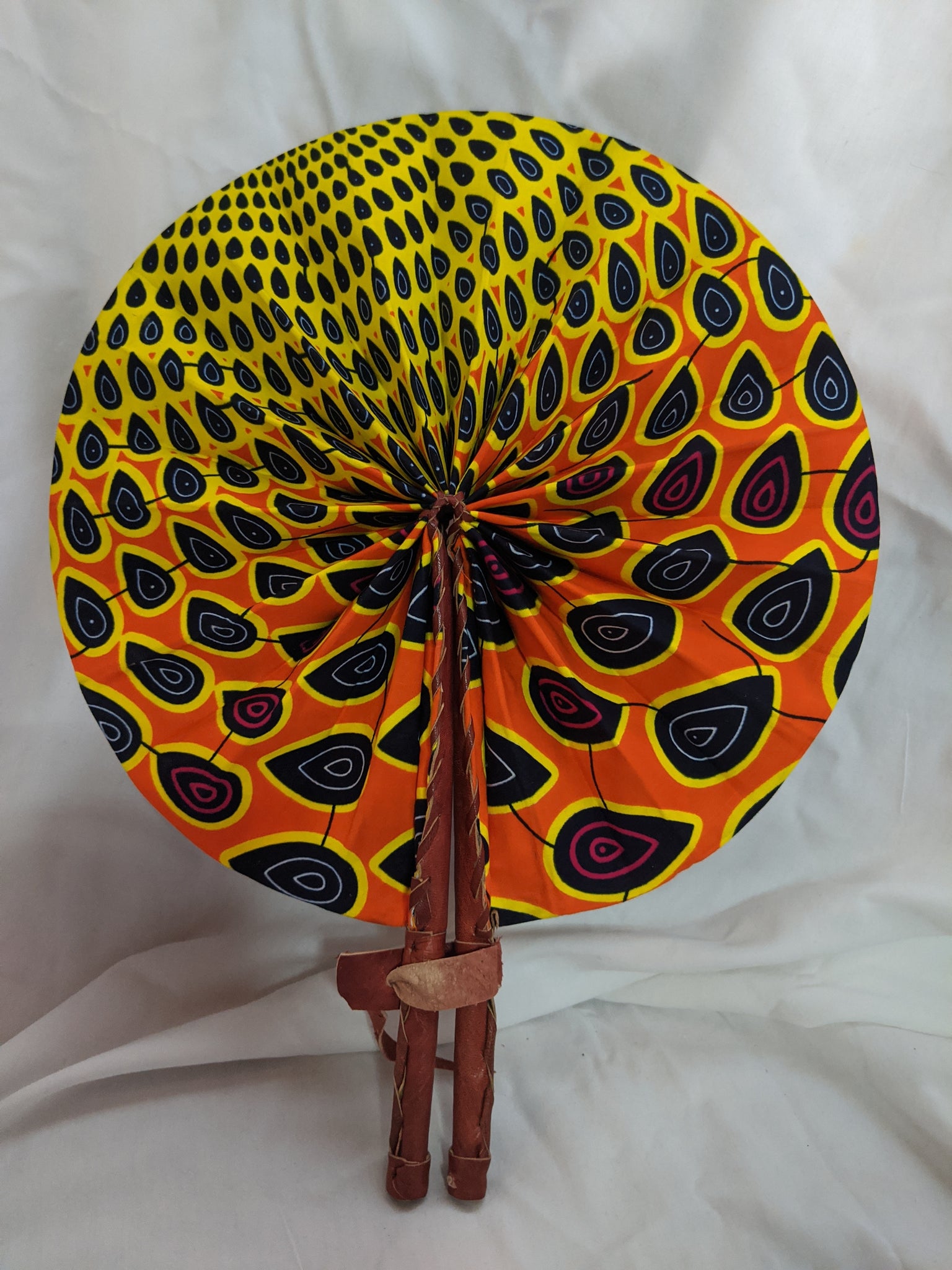 Colorful Ankara Fabric foldable hand fan with leather handles 3 peacock tear drops yellow gold orange red black