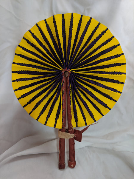 Colorful Ankara Fabric foldable hand fan with leather handles 4 yellow purple