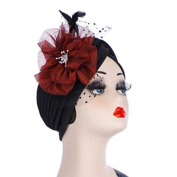 Polyester stretcable stylish flower feathers one size fits adjustable hat cap black red