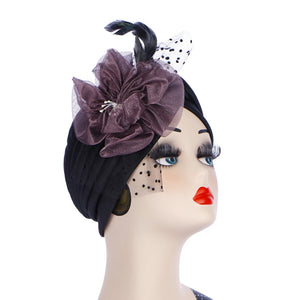 Polyester stretcable stylish flower feathers one size fits adjustable hat cap lilac black