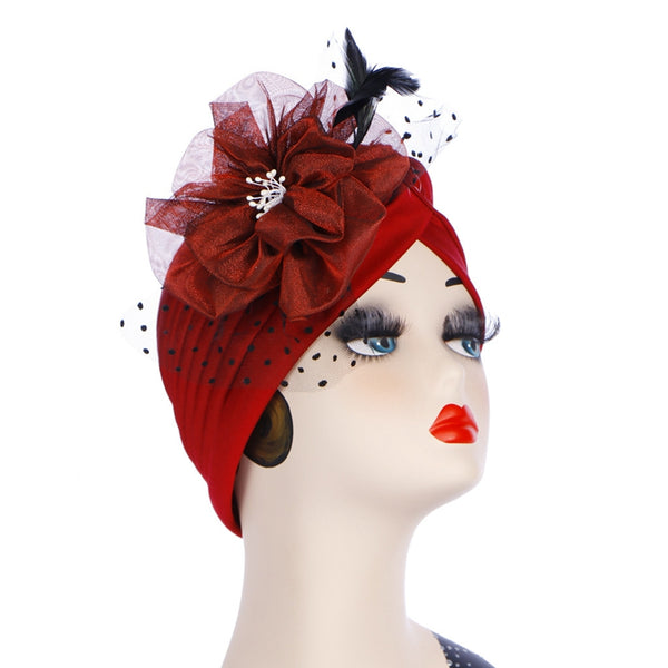 Polyester stretcable stylish flower feathers one size fits adjustable hat cap red black