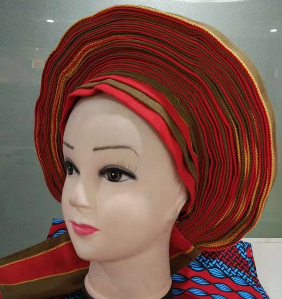 Colorful Pre-Made easy pre-tied African cotton material Headwrap Gele red olive green