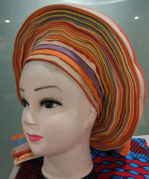 Colorful Pre-Made easy pre-tied African cotton material Headwrap Gele cream orange purple red 
