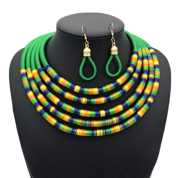 Green multilayer colorful fabric choker jewelry set