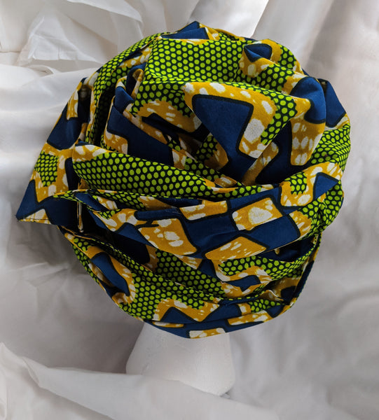 Colorful Ankara cotton fabric material head wrap, head tie, gele. Have matching shawl and/or handbag, if available. back lime green blue gold white