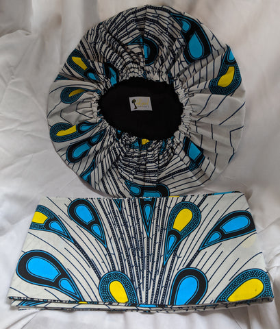 Colorful Ankara cotton fabric material head wrap, head tie, gele reversible. Have matching wallet, shawl, face mask and/or handbag, if available. sky blue yellow white black