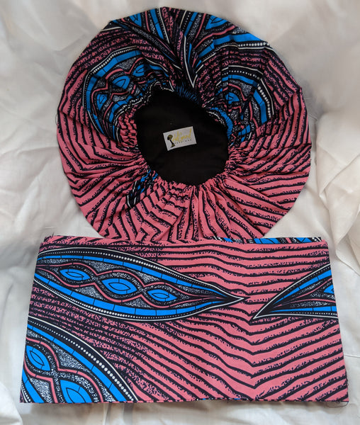 Colorful Ankara cotton fabric material head wrap, head tie, gele reversible. Have matching hand bag with attached wallet,  face mask, shawl, if available. pink blue black white
