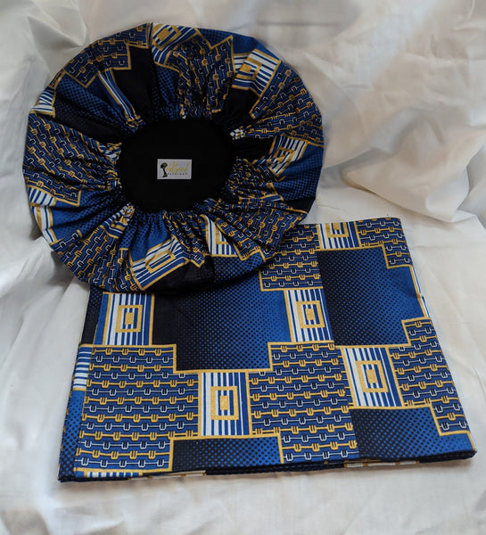 Colorful Ankara cotton fabric material head wrap, head tie, gele reversible. Have matching face mask. blue gold white black
