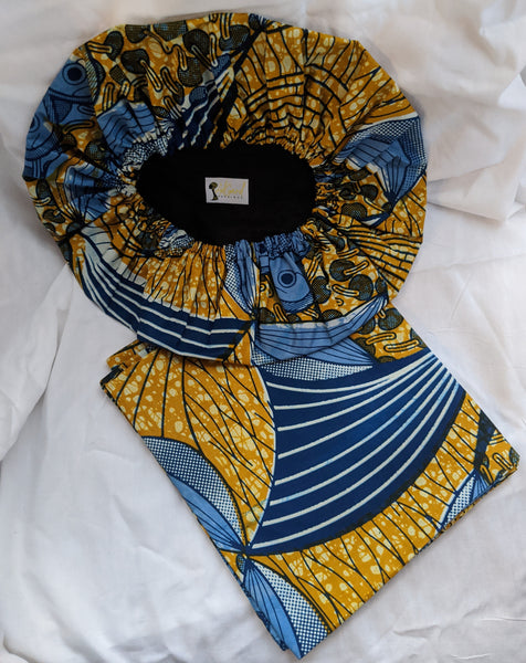 Colorful Ankara cotton fabric material head wrap, head tie, gele reversible blue gold white