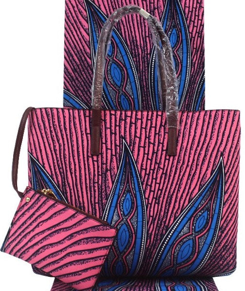 Ankara Cotton fabric with synthetic leather handle hand bag pocketbook attached wallet with matching face mask, head tie, head wrap and shawl sold separately pink blue black white