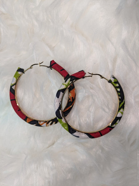 Colorful Ankara cotton wrapped fabric large round earrings for pierced ears