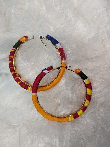 Colorful Ankara cotton wrapped fabric large round earrings for pierced ears
