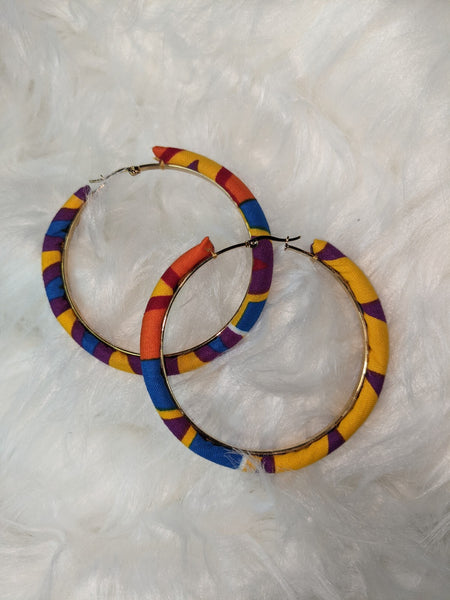 Colorful Ankara cotton wrapped fabric large round earrings for pierced ears