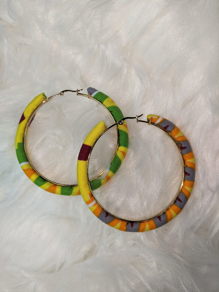 Colorful Ankara cotton wrapped fabric large round earrings for pierced ears