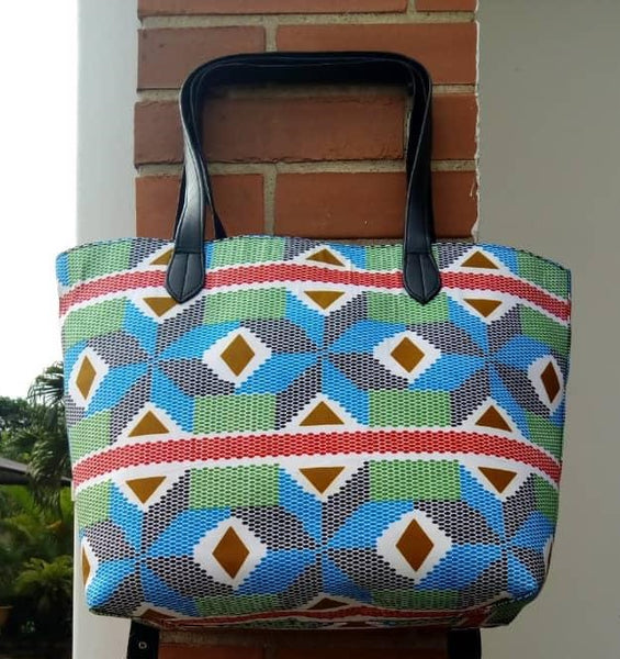 Colorful casual tote bag cotton material with synthetic Leather straps red blue green white brown