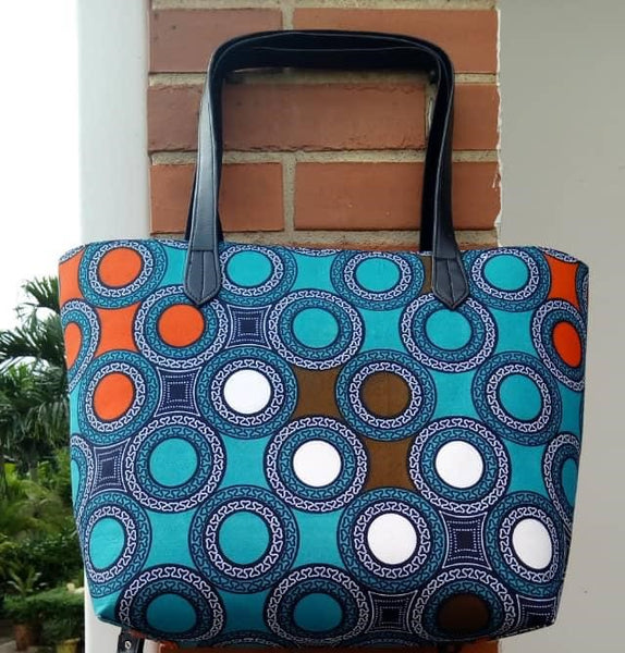 Colorful casual tote bag cotton material with synthetic Leather straps orange blue white turquoise