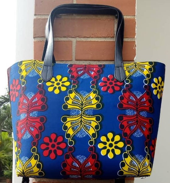 Colorful casual tote bag cotton material with synthetic Leather straps blue yellow red black
