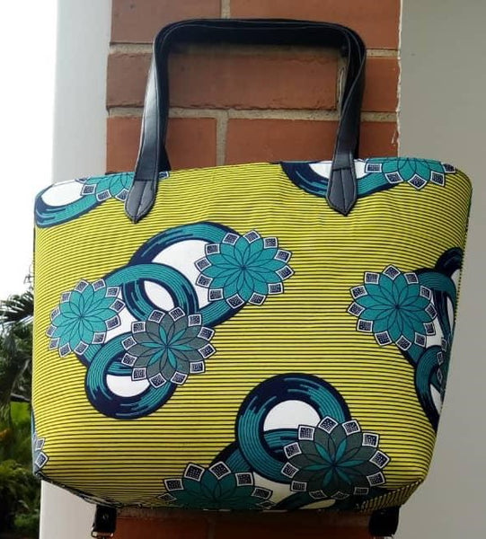 Colorful casual tote bag cotton material with synthetic Leather straps lime white blue turquoise