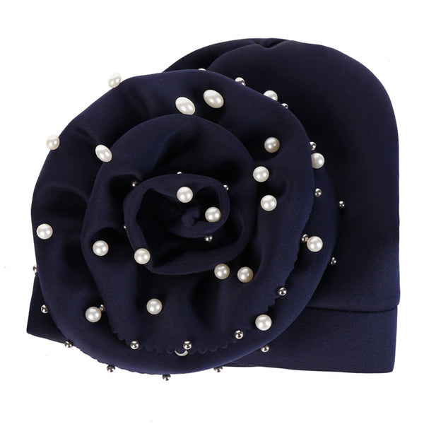 Polyester stretchable large pearls stylish one size fits adjustable hat cap navy blue
