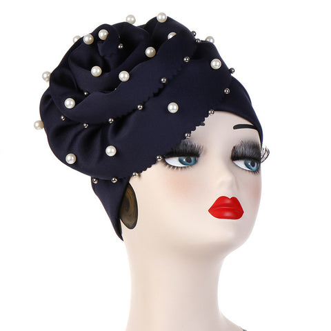 Polyester stretchable large pearls stylish one size fits adjustable hat cap navy blue