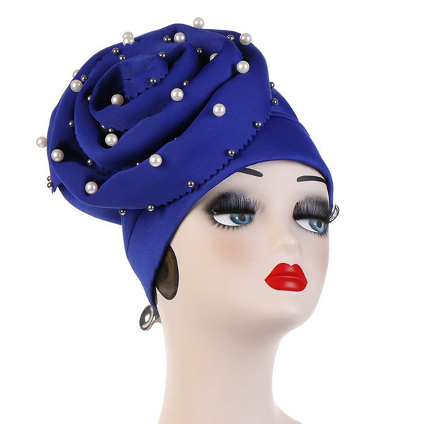 Polyester stretchable large pearls stylish one size fits adjustable hat cap royal blue