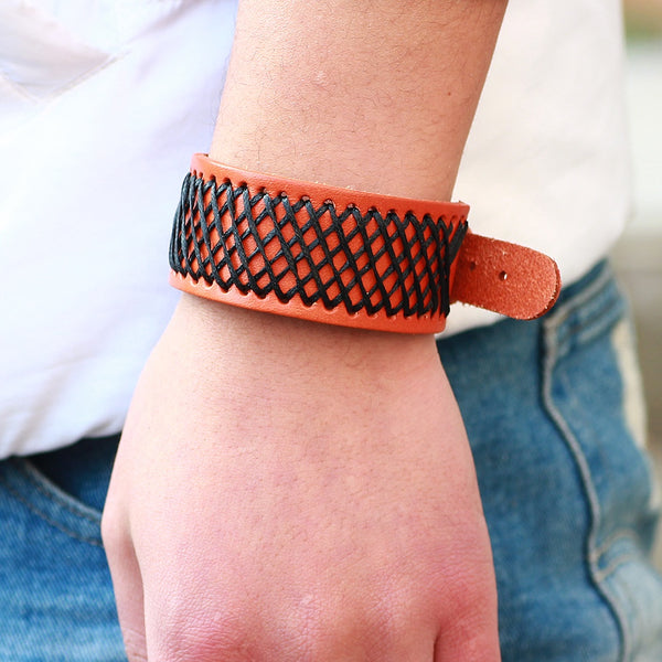 Unisex male female leather wristband adjustable bracelet strap tan