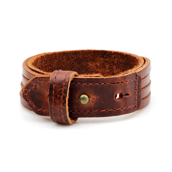 Unisex male female leather wristband adjustable bracelet strap brown