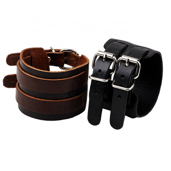 Unisex male female leather wristband adjustable bracelet double strap brown black