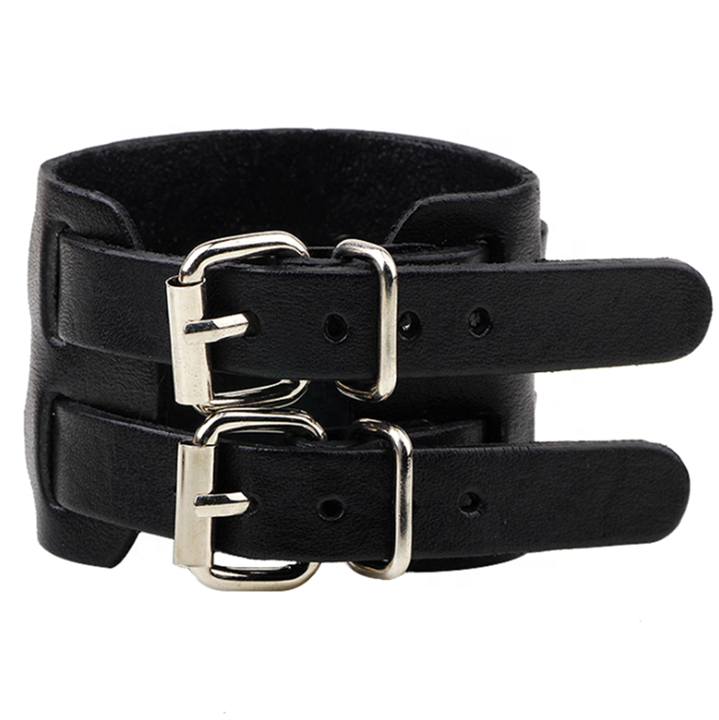 Unisex male female leather wristband adjustable bracelet double strap black