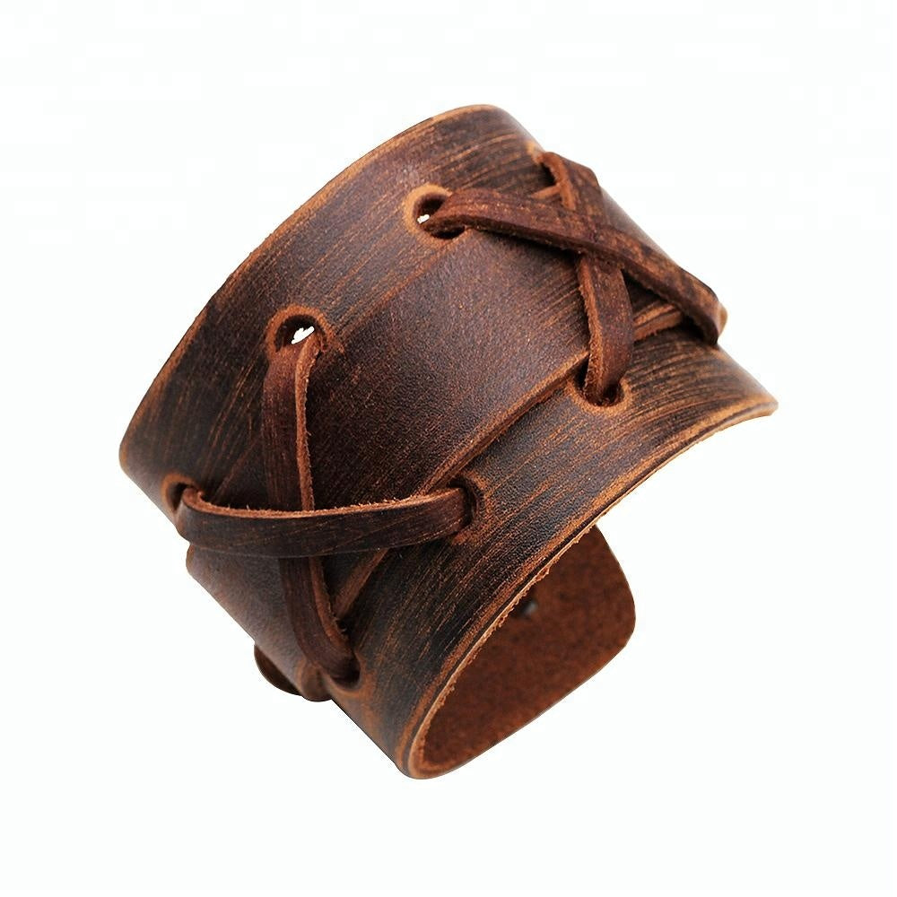 Unisex male female leather wristband adjustable bracelet strap brown
