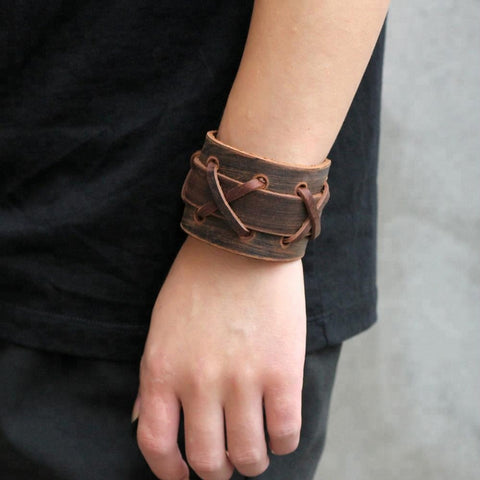 Unisex male female leather wristband adjustable bracelet strap brown