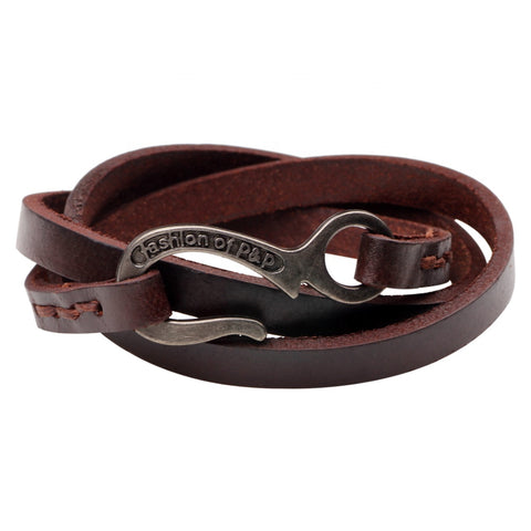 Unisex male female leather wristband wrap around hook bracelet brown