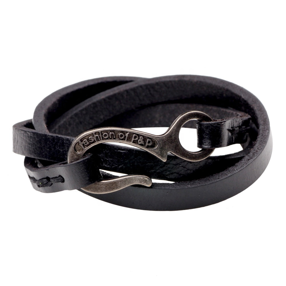 Unisex male female leather wristband wrap around hook bracelet black