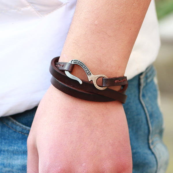 Unisex male female leather wristband wrap around hook bracelet brown