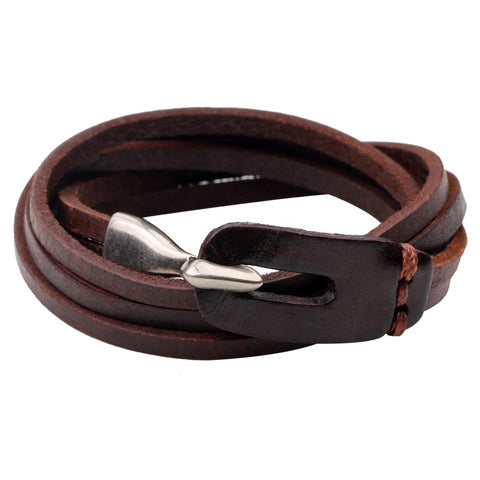 Unisex male female leather wristband wrap around hook bracelet brown