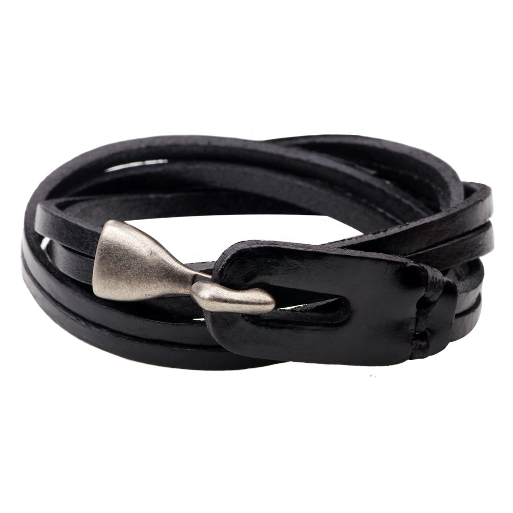 Unisex male female leather wristband wrap around hook bracelet black