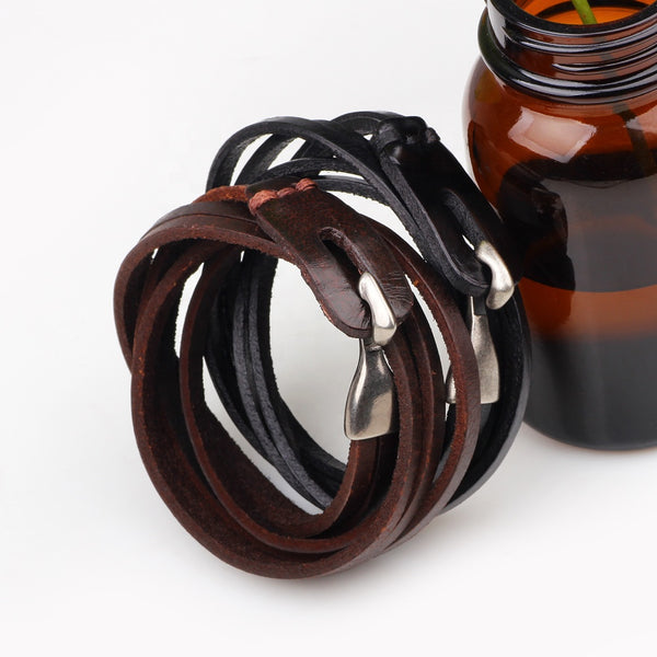 Unisex male female leather wristband wrap around hook bracelet brown black