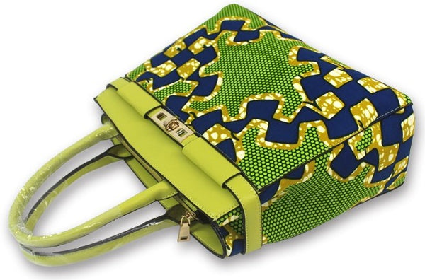 Ankara Cotton fabric with synthetic leather handle hand bag pocketbook with matching face mask, head tie, head wrap and shawl sold separately lime green blue white