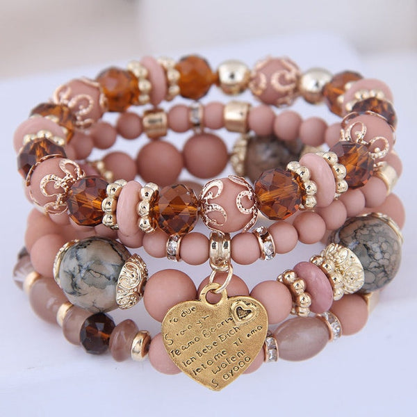 4-piece set Bohemian Heart or Crystal Resin Beads Stone Bracelets. Elastic band fits most wrists.
