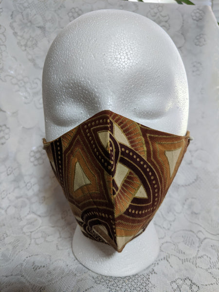 African Ankara cotton fabric face mask. Matching necktie with handkerchief sold separately. brown tan cream gold