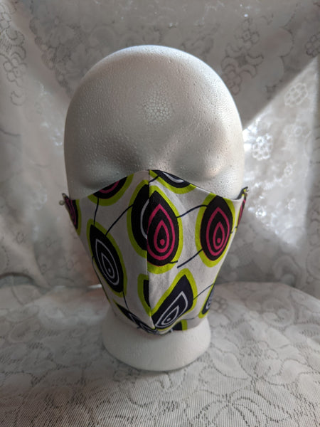 African Ankara cotton fabric face mask. Matching necktie with handkerchief sold separately. pink lime green white black tear drops peacock