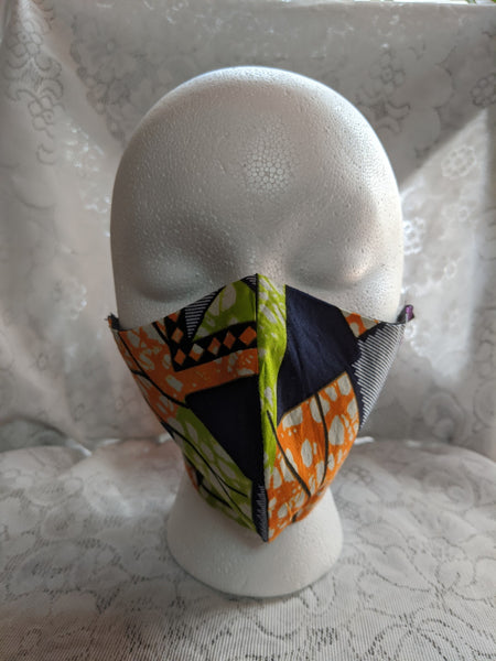 African Ankara cotton fabric face mask. Matching necktie with handkerchief sold separately. lime green orange blue white