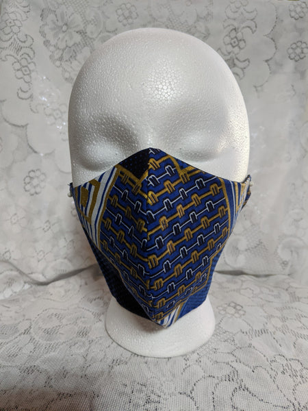 African Ankara cotton fabric face mask. Matching necktie with handkerchief sold separately. blue gold white black