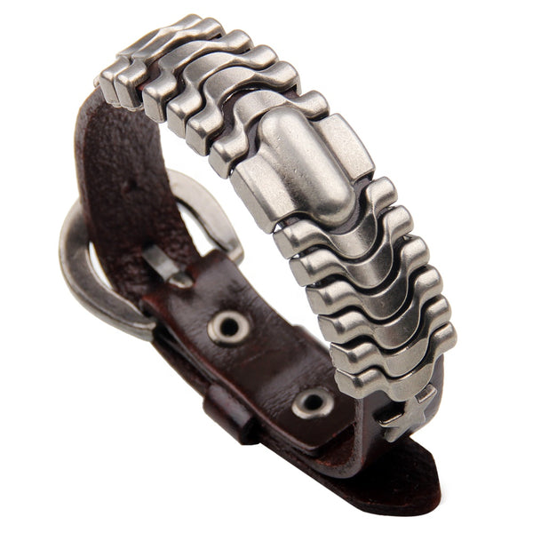 Unisex male female leather wristband adjustable metal bracelet strap brown