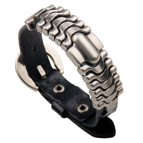Unisex male female leather wristband adjustable metal bracelet strap black