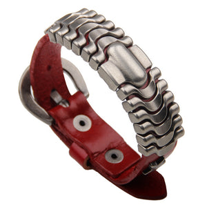 Unisex male female leather wristband adjustable metal bracelet strap red