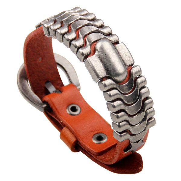 Unisex male female leather wristband adjustable metal bracelet strap tan