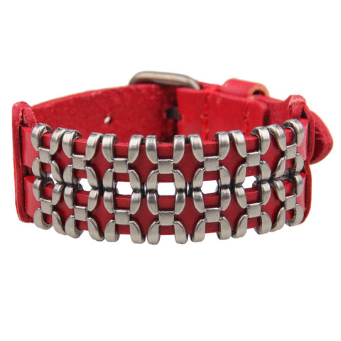 Unisex male female leather wristband adjustable metal bracelet strap red