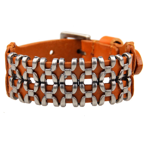 Unisex male female leather wristband adjustable metal bracelet strap tan